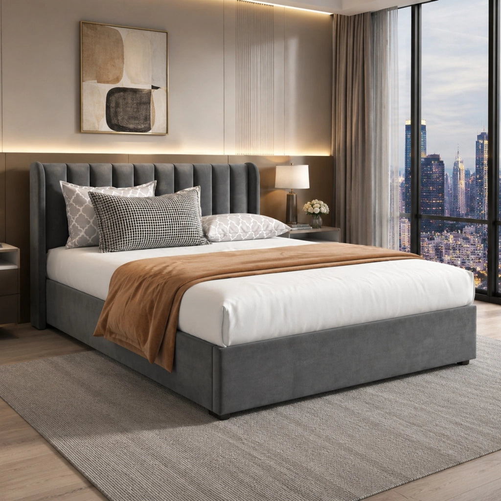 Letto imbottito 140x200 cm in velluto grigio con testiera, rete a doghe e 2 cassetti