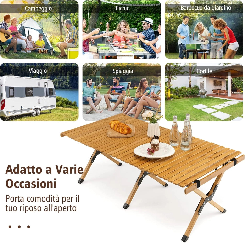 Tavolo da Campeggio Pieghevole di Bambù, Tavolo da Picnic Leggero con Borsa di Trasporto, Tavolo da Esterno per Campeggio, Trekking, Pesca e Barbecue, 122 x 60 x 43,5 cm (Naturale)