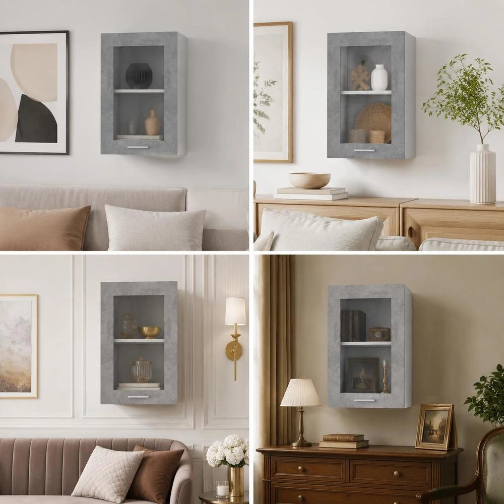 Lyon Wall-mounted Glass Cabinet, Concrete Grey, 40x31x60 Cm, Wood-based Material