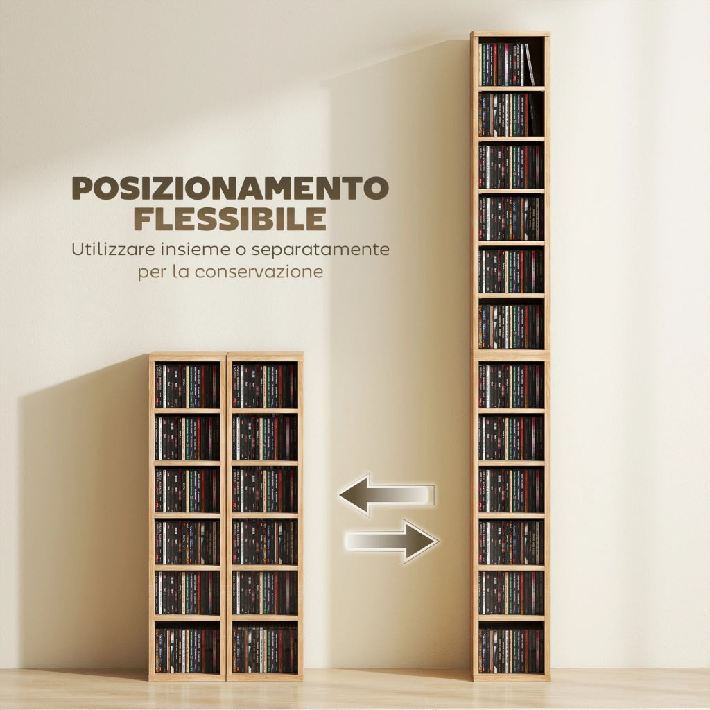Set 2 Librerie Porta CD 21x22,5x88,5 cm 6 Ripiani Regolabili per 204 CD in Legno Naturale