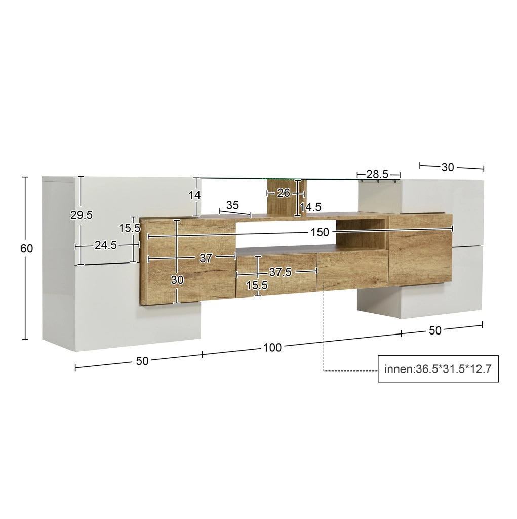 Mobile TV 200 cm bianco lucido e finitura legno con LED multicolore