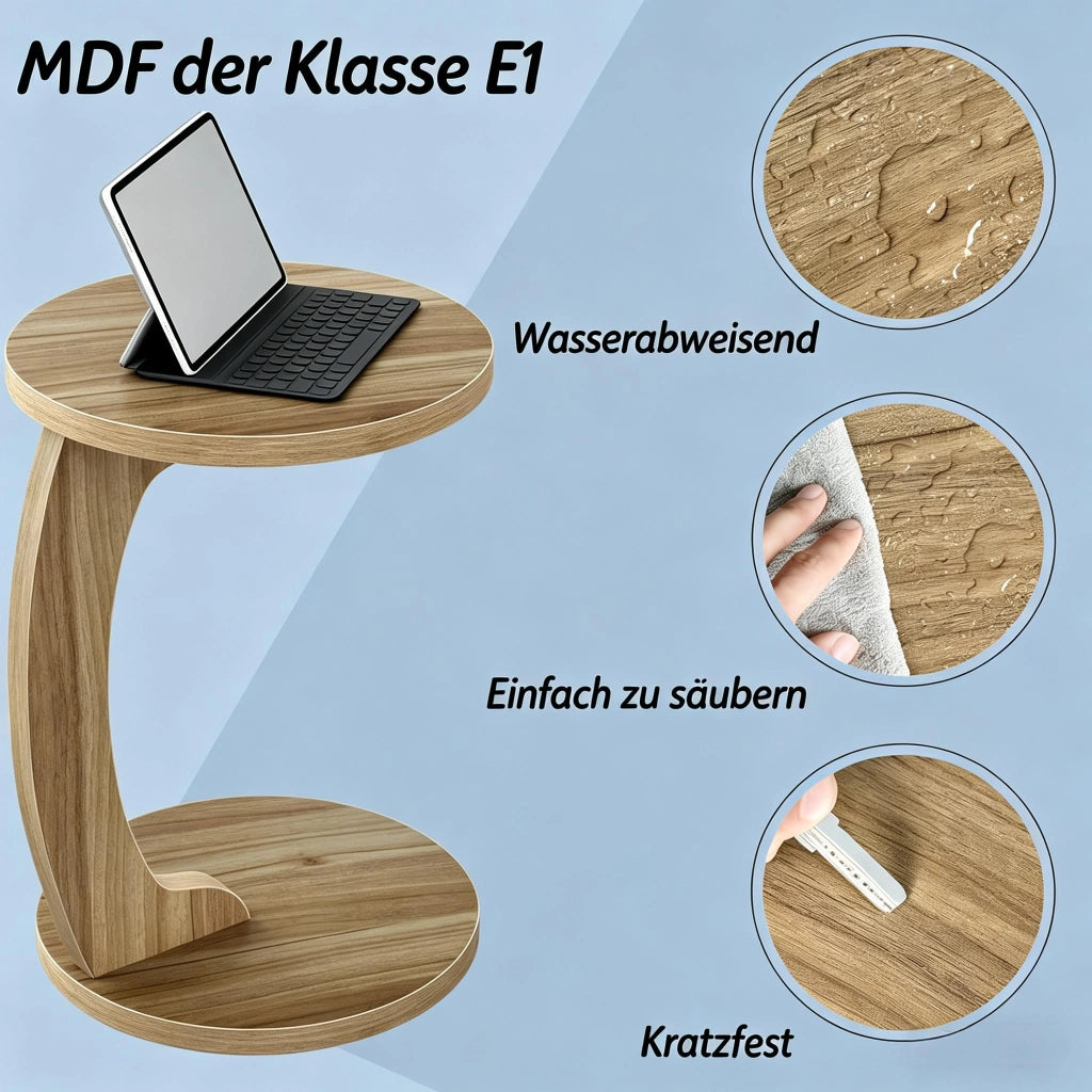Tavolino basso rotondo a C in MDF con piano salvaspazio per soggiorno e camera da letto, rovere chiaro, 38 × 55 cm