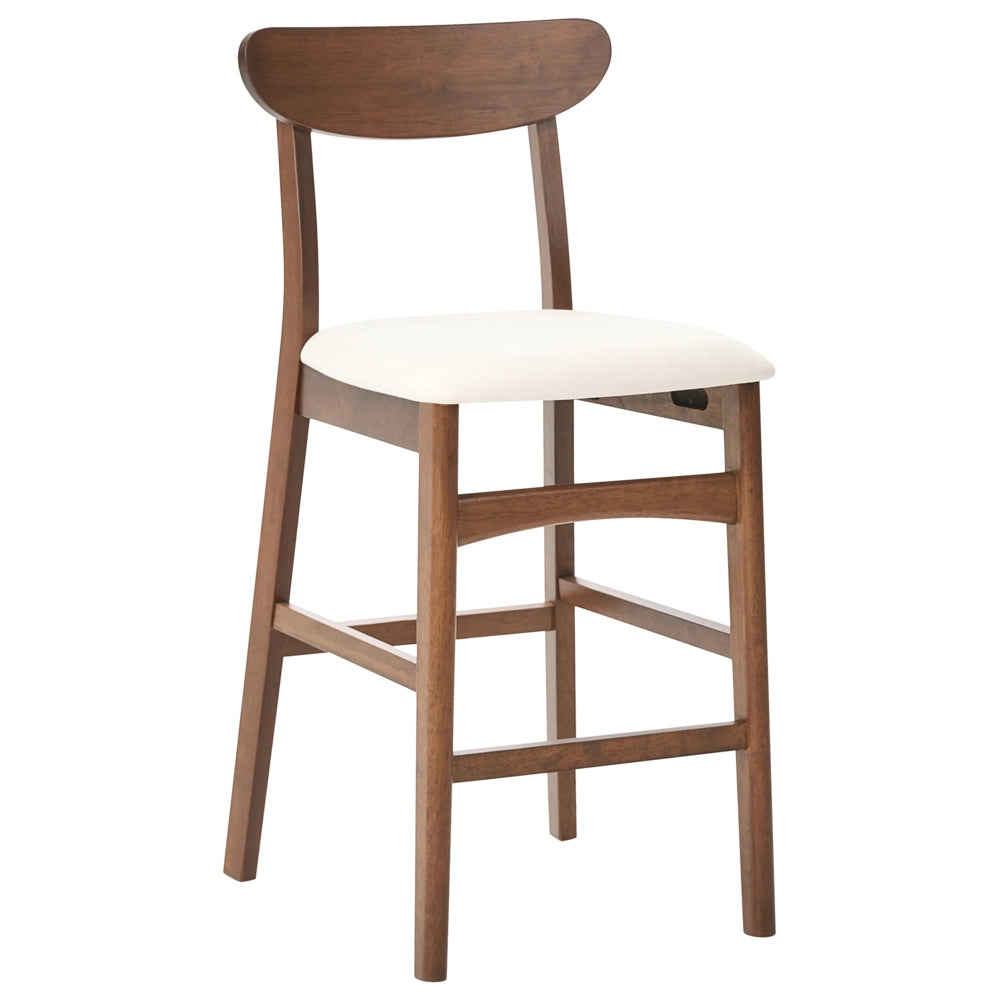 Set di 2 sedie da bar in legno di gomma marrone e beige chiaro, struttura in legno di gomma, seduta in tessuto, senza braccioli, design retrò