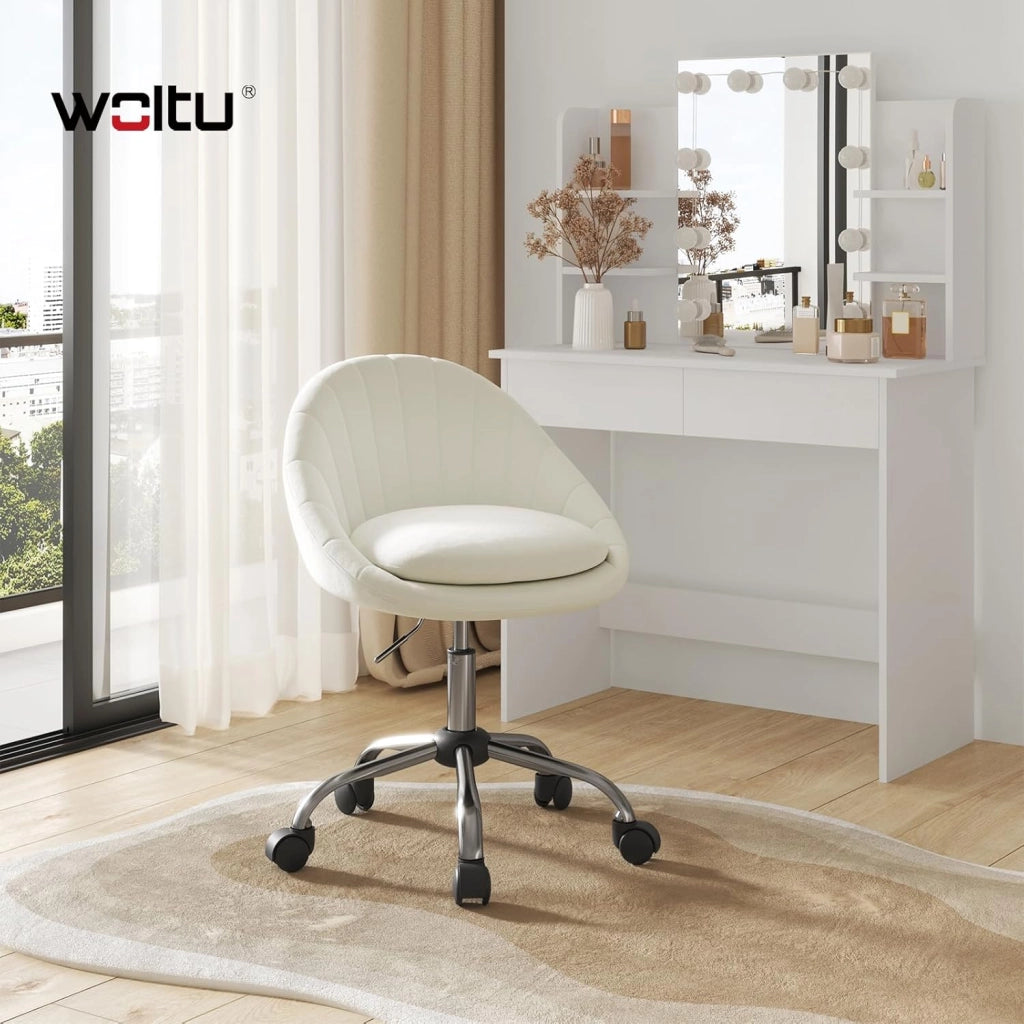 Sedia da Scrivania per Casa Regolabile in Altezza con Rotelle, Sedia Trucco Girevole Ergonomica, Ufficio, Camera da Letto, Studio, Velluto, Crema, BS167cm