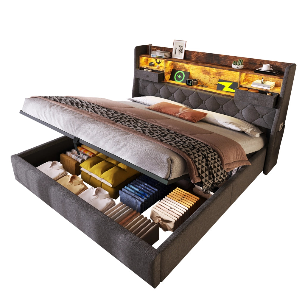 Letto Contenitore 140x190 cm; Letto Matrimoniale - LED; USB; Type-C e Mensole - Grigio