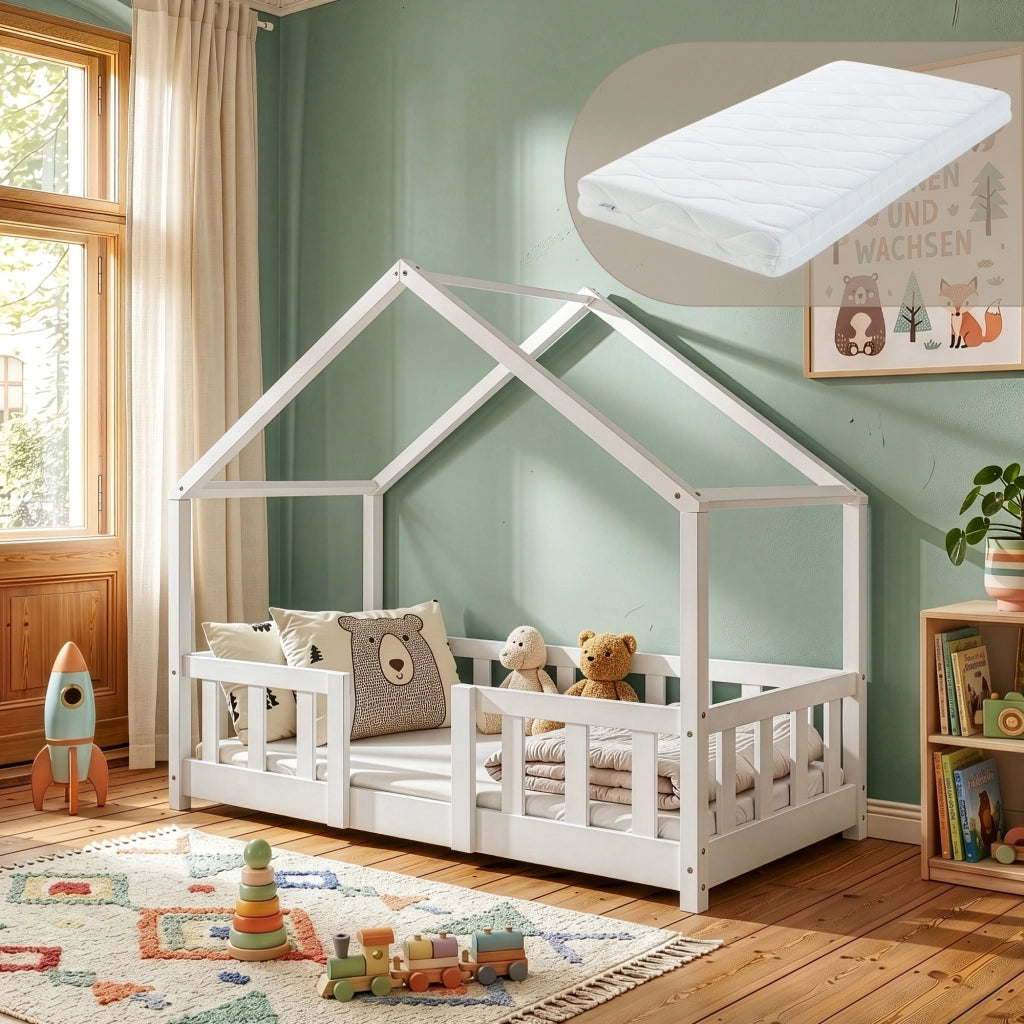 Letto per Cameretta Treviolo a Forma di Casetta in Stile Montessori con Materasso 70x140 cm - Bianco [en.casa]