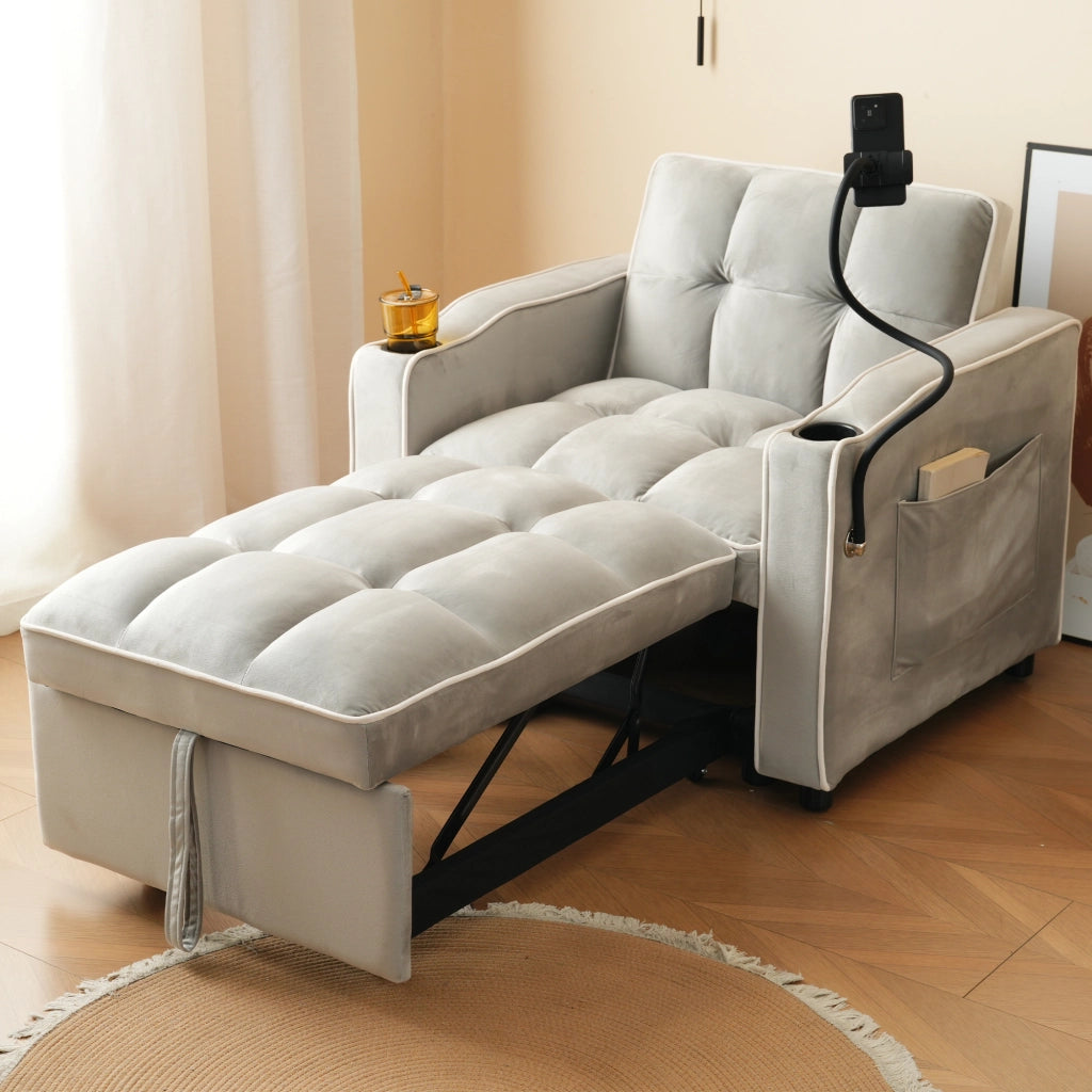 Divano letto convertibile con portabicchieri e supporto telefono, in schiuma, grigio bianco antico 83 × 167 × 76 cm