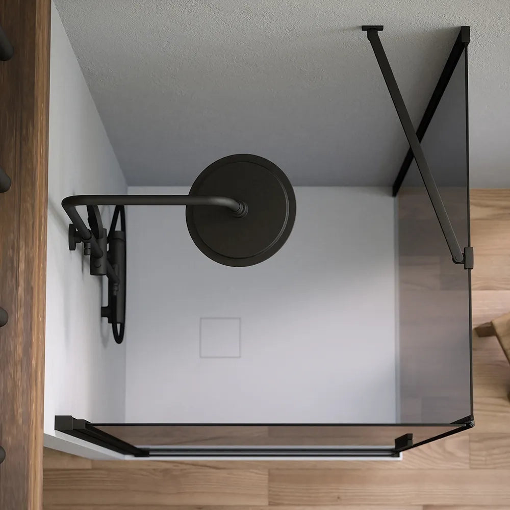 Box doccia 70x70cm con apertura a battente e parete fissa, profili nero opaco e vetro da 6mm fumè h195 | Elba