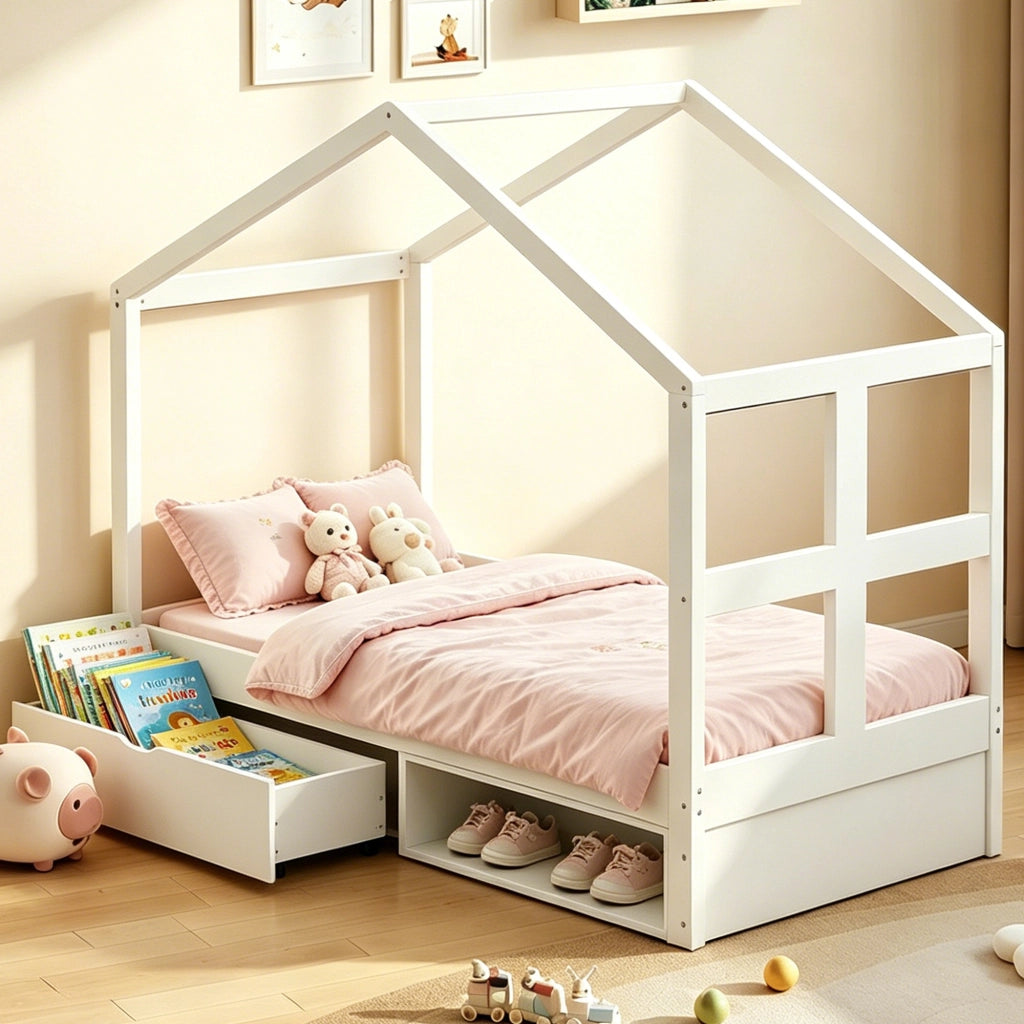 Letto singolo 90 × 190 cm con cassetto portaoggetti, mobile scarpe compatto, LED multicolore, senza materasso, bianco