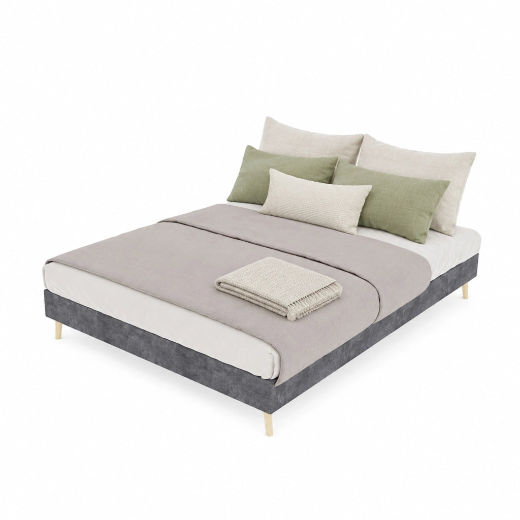 Letto matrimoniale 140x200 cm grigio in tessuto effetto velluto con struttura in metallo, design moderno