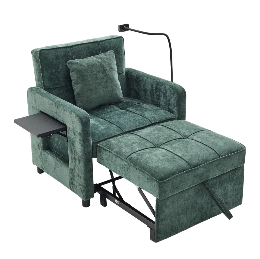 Poltrona letto 2 in 1 in tessuto Chenille verde con tavolino e scomparti portaoggetti