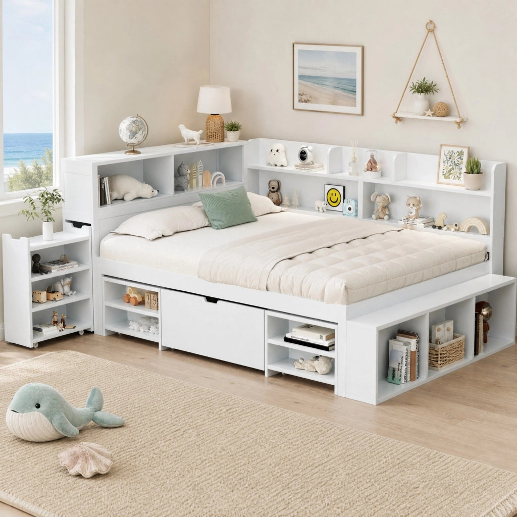 Letto bambino multifunzione con cassetti e ripiani, 140x190 cm, bianco