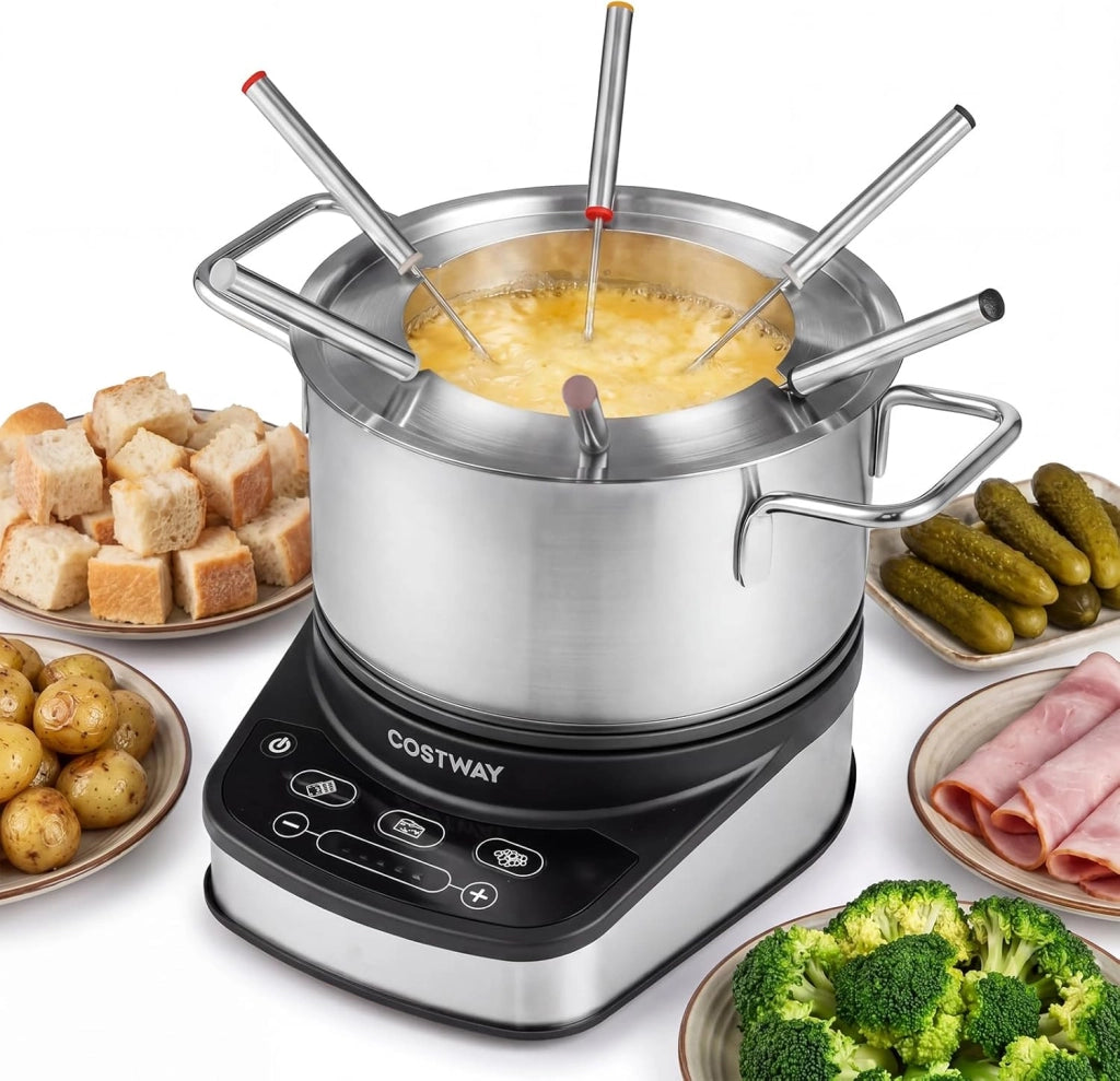 COSTWAY 3 L Set Fonduta Elettrica, Fondue per Formaggio, Bourguignonne, Cioccolato con 6 Forchette, Pentola Antiaderente e Paraspuzzi, Temperatura Regolabile, in Acciaio Inox, Rimovibile e Lavabile