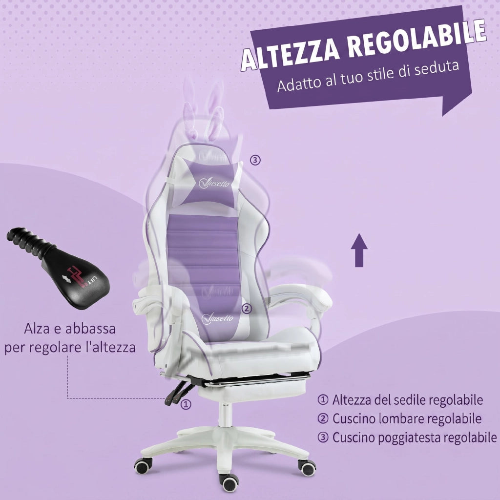 Sedia Gaming con Orecchie da Coniglio, Poggiapiedi, Cuscini, Reclinabile e Altezza Regolabile, Viola