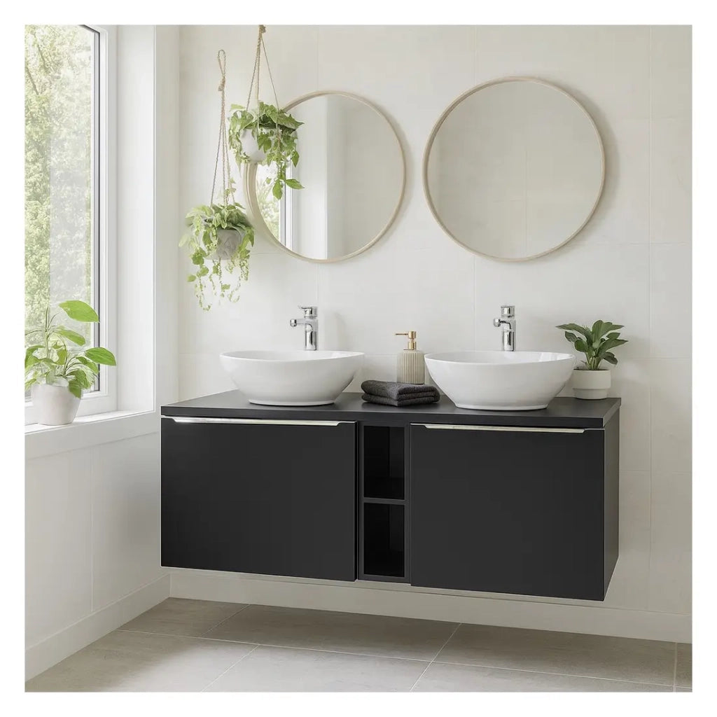 Set bagno VANTA: mobile sottolavabo 140cm + piano per lavabo + 2 lavabi bianchi da appoggio