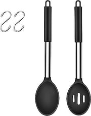 Set di cucchiai in silicone da cucina da 2, cucchiaio a foro e cucchiaio fermo in acciaio inossidabile Nero