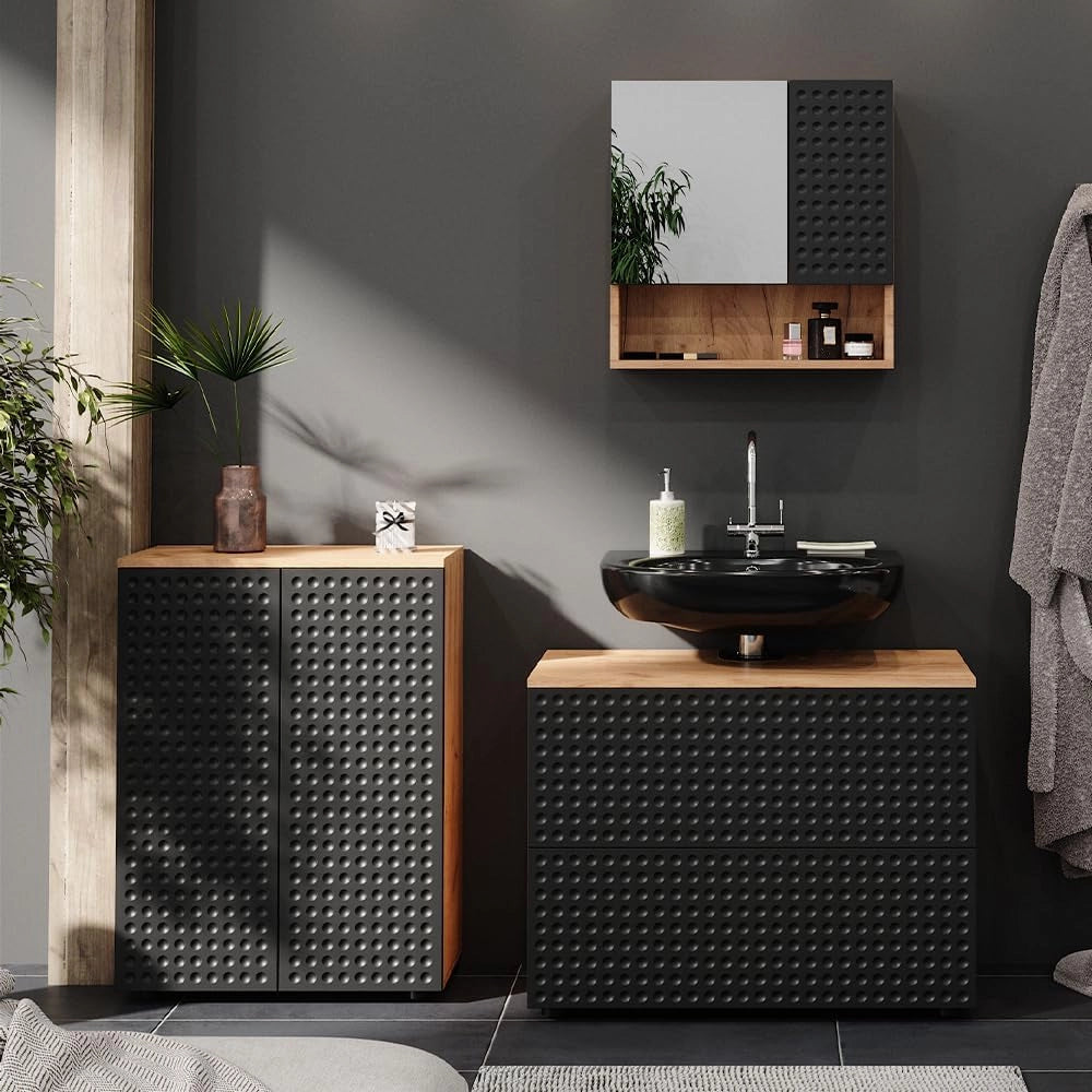 Mobile a specchio per il bagno Irma, Antracite puntinato, 54 x 55 cm, per montaggio a parete con specchio e vani a giorno