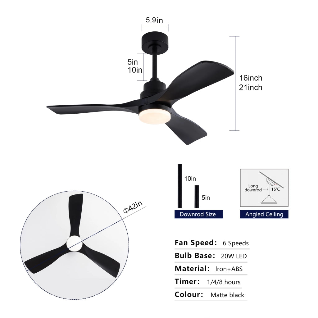 Ventilatore da soffitto nero con luce 107 cm 3 pale telecomando motore dc silenzioso reversibile memoria stile fattoria 220v