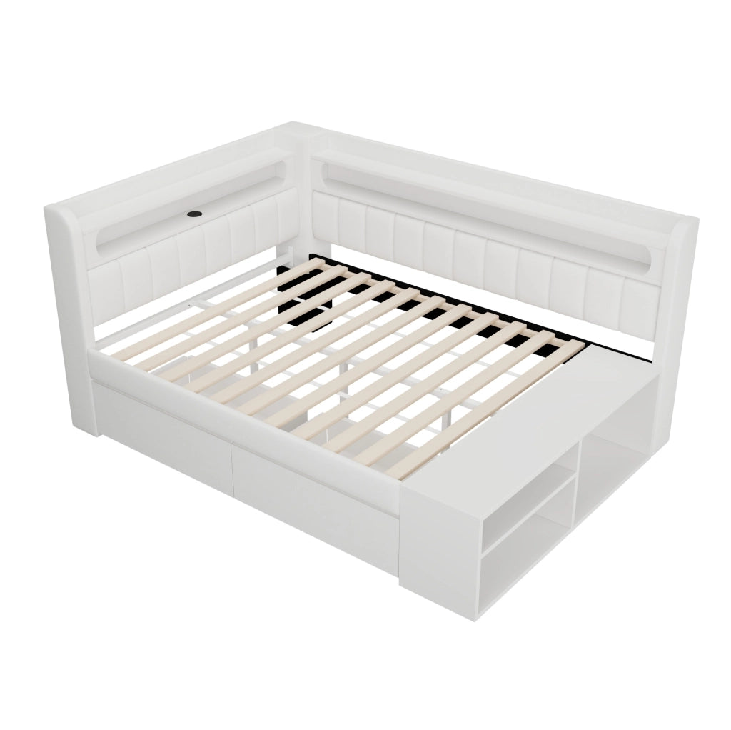 Letto imbottito 90x200 cm con USB; LED e scarpiera; bianco