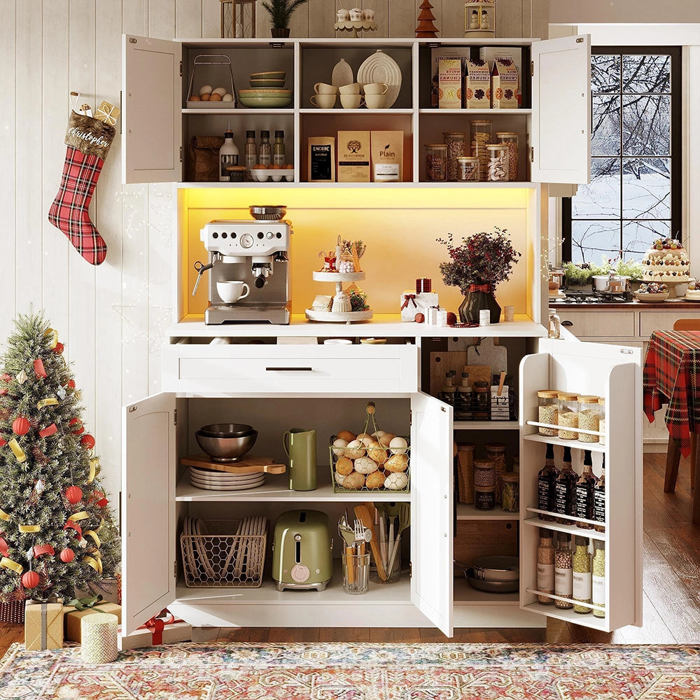 Armadio laterale per cucina - Xylo - 110x38x180cm - Bianco - Stile cottage, 5 porte, LED e presa elettrica