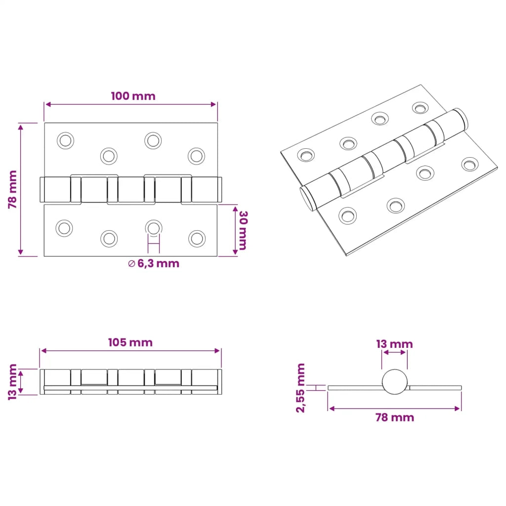Cerniera 16 pz 100 x 78 x 13 mm Argento Acciaio 42041380