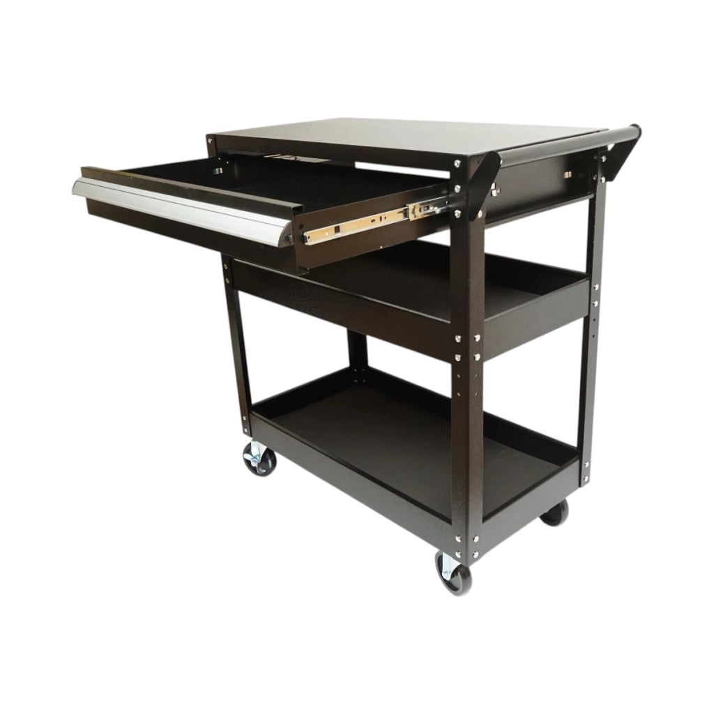 Carrello portautensili da officina in metallo su ruote con 3 ripiani e 1 cassetto, dimensioni 775x410x895 mm. Breckner Germany