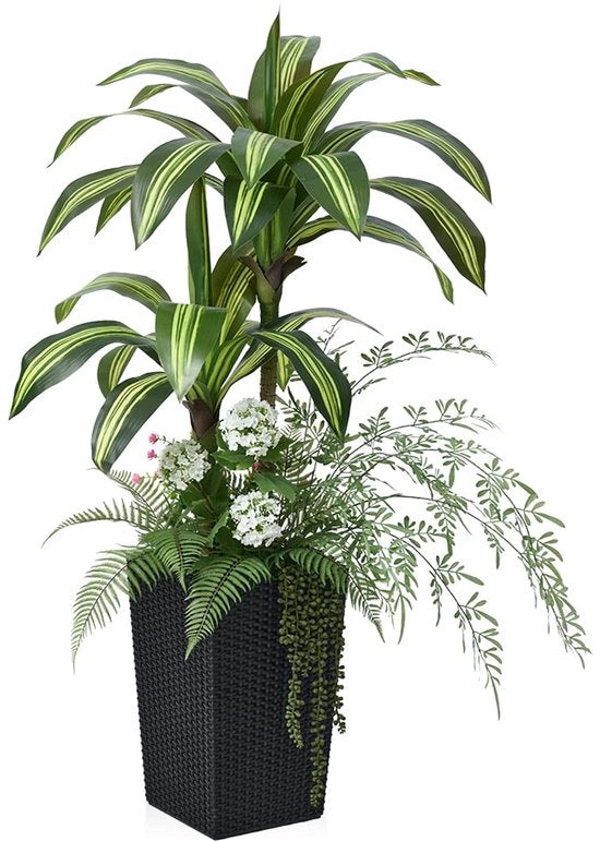 Drakenboom in Kunst 120 cm – Kunstplanten Realistiche con 6 Miniplanti & Protezione UV – Grande Pianta in Plastica con Tazza Nera Decorazione Soggiorno Ufficio Interno & Esterno