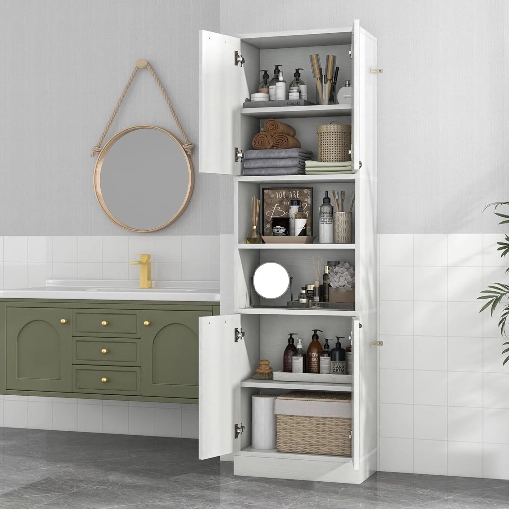 Credenza da Cucina Alto 190 cm, Mobile da Cucina con 4 Ante, 2 Scomparti Aperti, Madia Soggiorno Moderna, 3 Colori, 30x56x190 cm