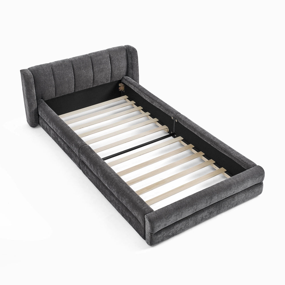 Letto singolo 90 × 200 cm con testiera ergonomica, senza materasso, in chenille, grigio scuro