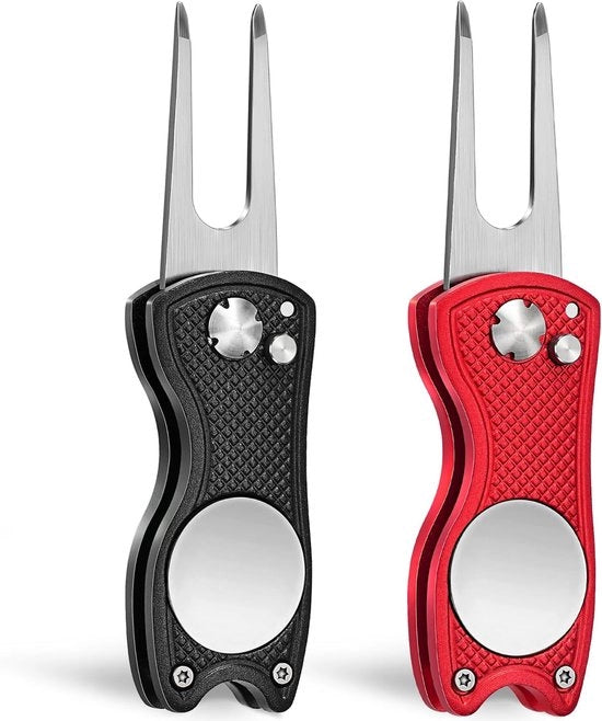 2 pezzi di riparazione di golf RVS riparatore magnetico pieghevole di segnalatore di golf con pulsante di forma portatile (nero, rosso 2 pezzi)