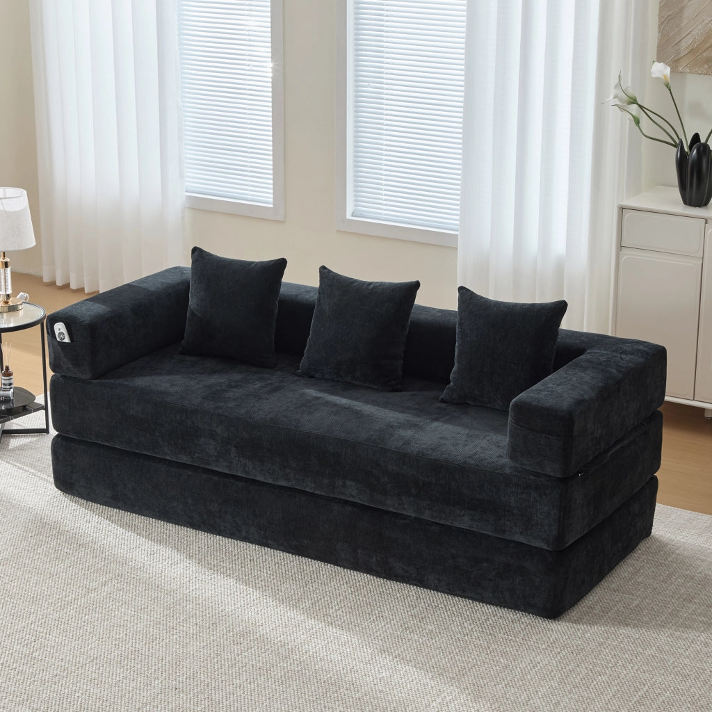 Divano modulare in chenille con tasche laterali e base antiscivolo - nero