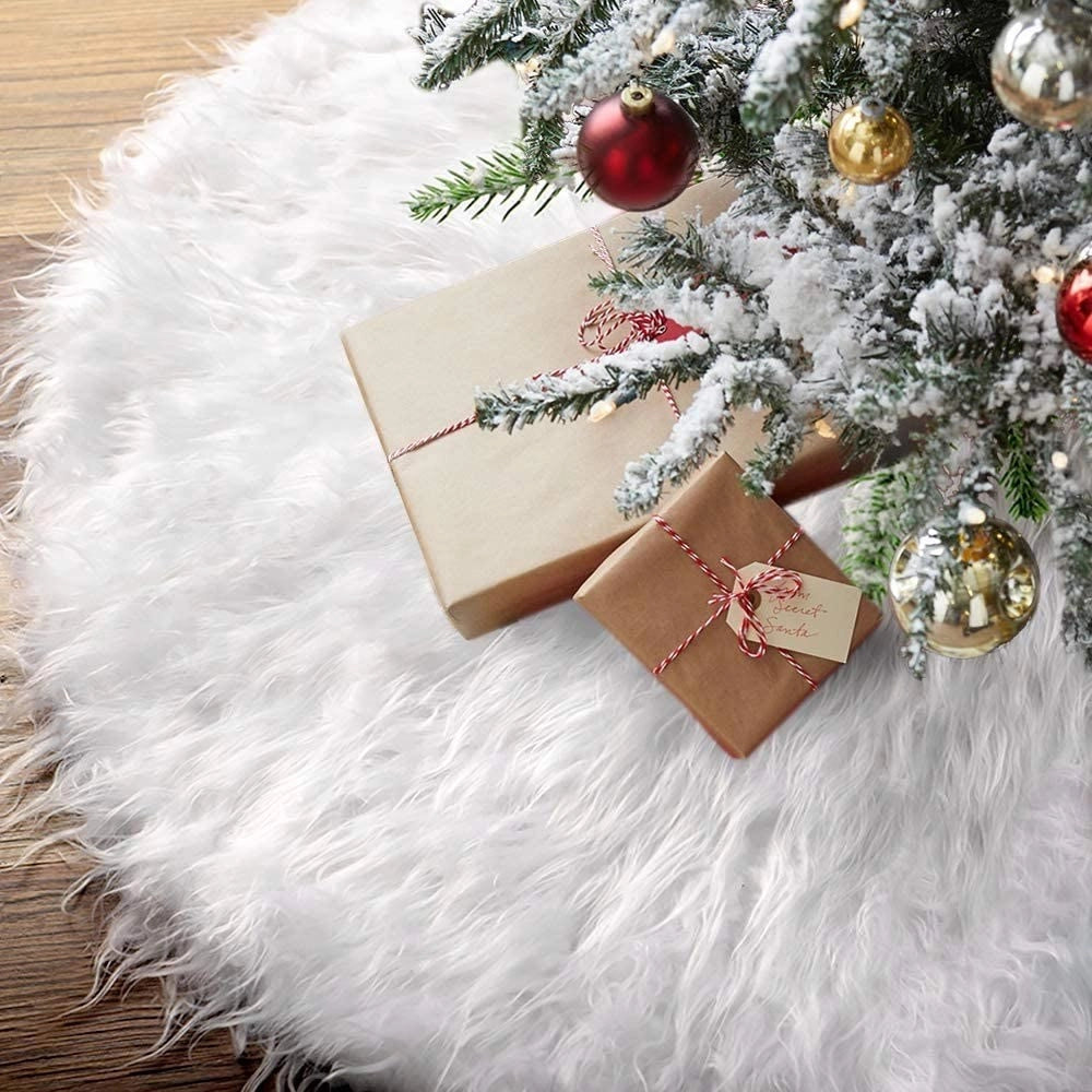 Trade Shop - Tappeto Gonna Copertura Base Albero Di Natale 120 Cm Peluche Bianco Effetto Neve -