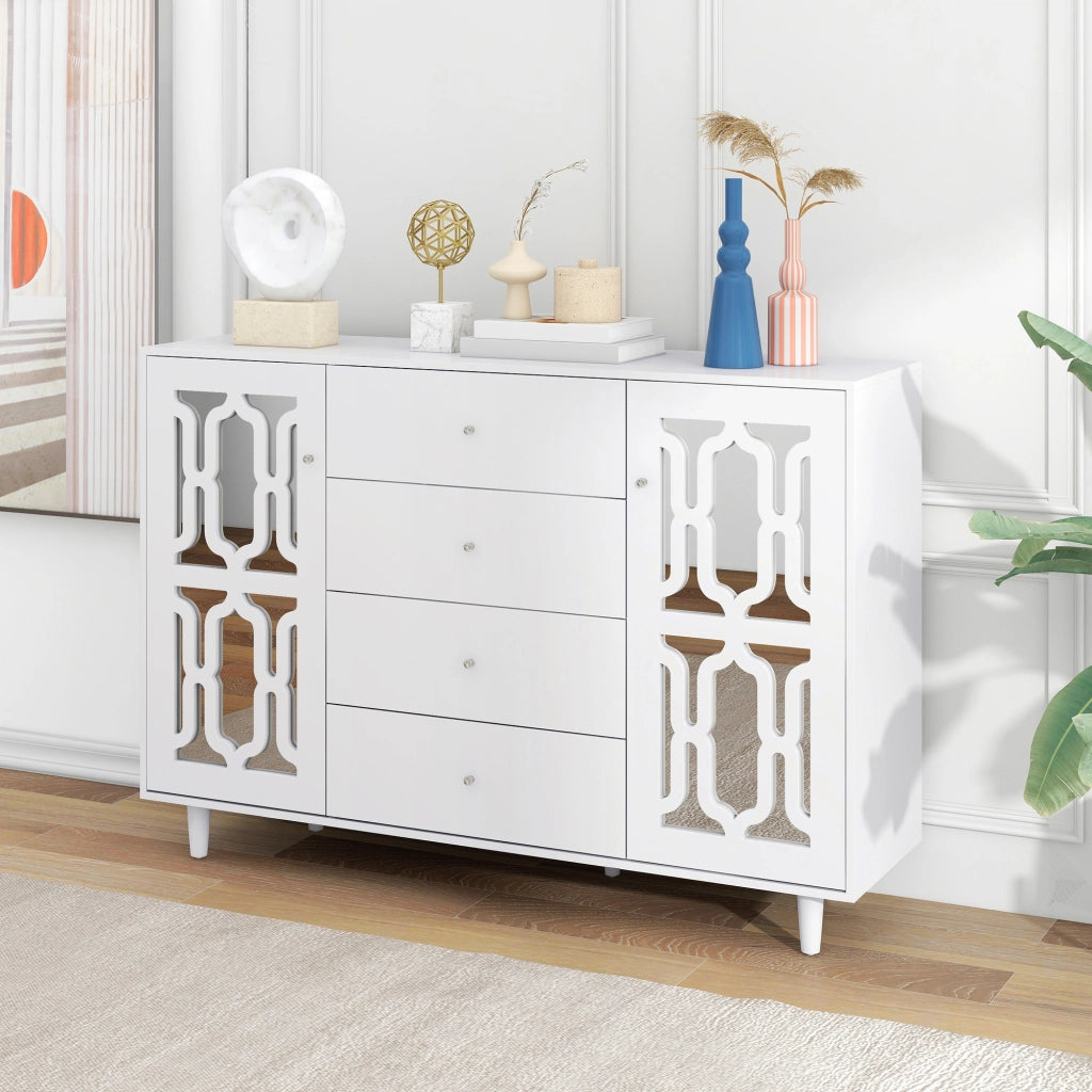 Credenza bianca a specchio con 2 ante, 4 cassetti e ripiano interno per soggiorno e ingresso 147,5 × 40 × 102 cm