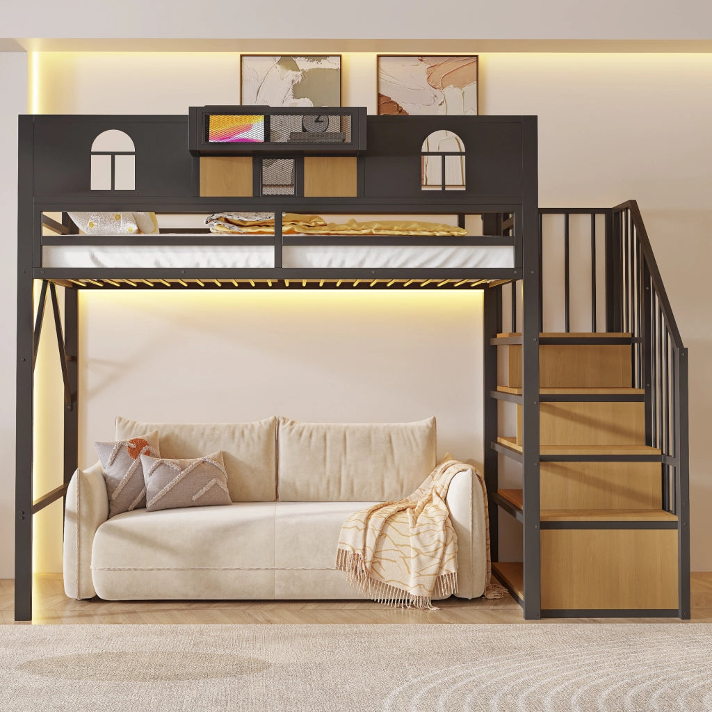 Letto a soppalco in metallo 90 x 200 cm con scala contenitore, mensola, illuminazione e struttura in MDF e metallo, nero