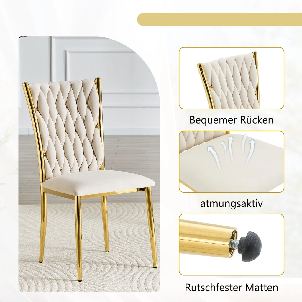 Sedia da Pranzo con Schienale Alto Ergonomico e Motivo Intrecciato, in Velluto e Metallo Beige e Oro
