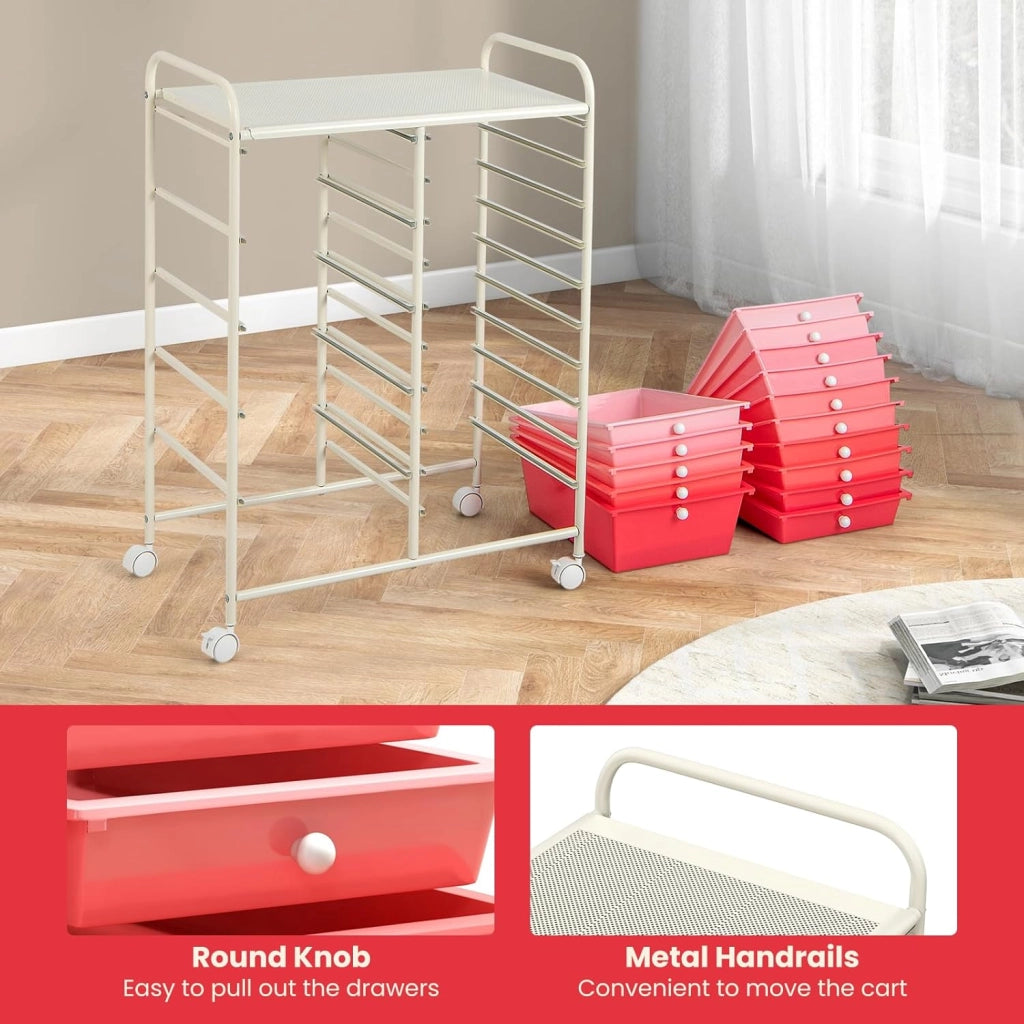 Carrello con 15 Cassetti, Impilabile, con Ruote Bloccabili per Cucina, Bagno, Ufficio - 63 x 37 x 87 cm (Rosa)