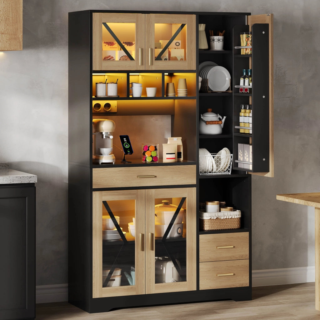 Credenza Alta Stile Rustico con LED, Ripiani, Cassetto e Prese ¨C Xylo ¨C 185x105x40