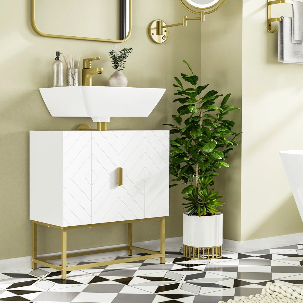 Mobile Sottolavabo Bagno con Armadietto 2 Ante ¨C Zephmum ¨C Legno e Acciaio, Bianco e Oro, 60x30x65cm