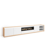 Mobile TV Soggiorno, 310x50x37 cm, Per TV fino a 80", Camino elettrico, Bianco e Rovere soft