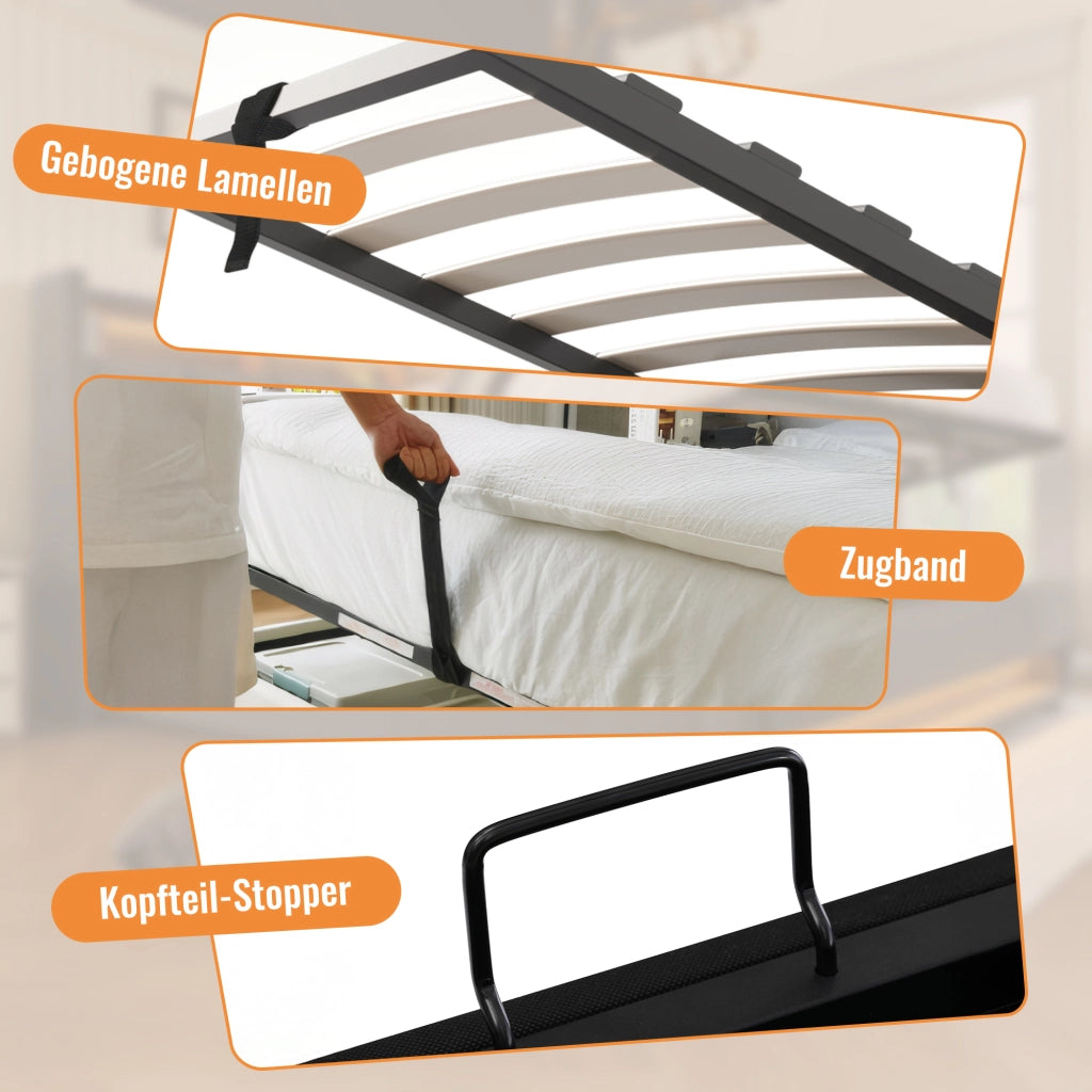 LETTO Contenitore 90x200 cm in lino grigio con porta bicchiere e stazione di ricarica