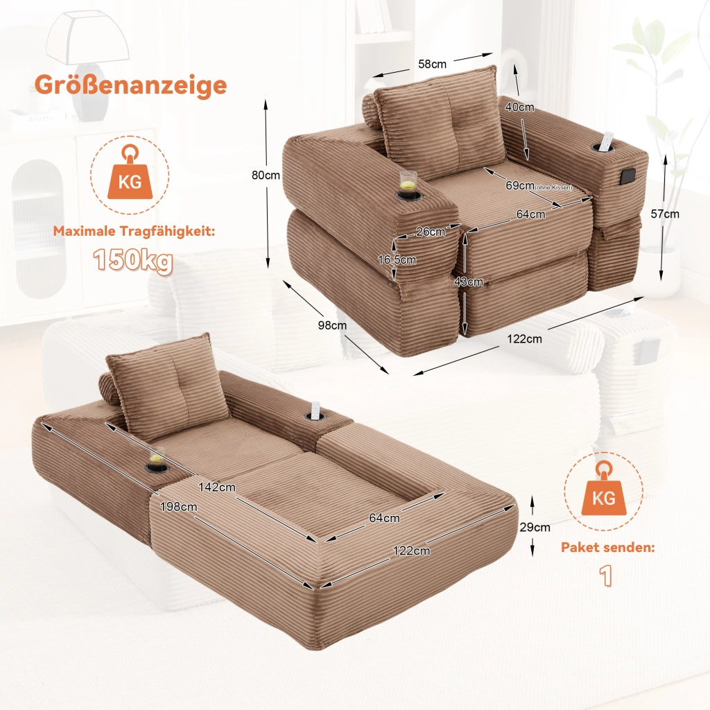 Divano letto modulare in velluto a coste con schiuma 30D, molle, tasche laterali e portabicchieri marrone