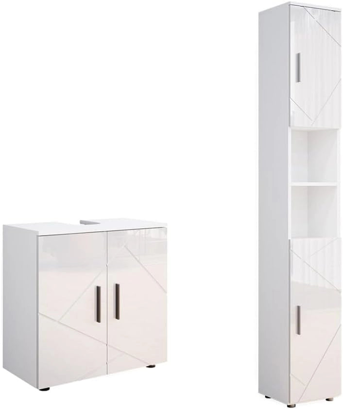 Set di mobili da bagno Irma, Bianco lucido, 2 parti, con colonna