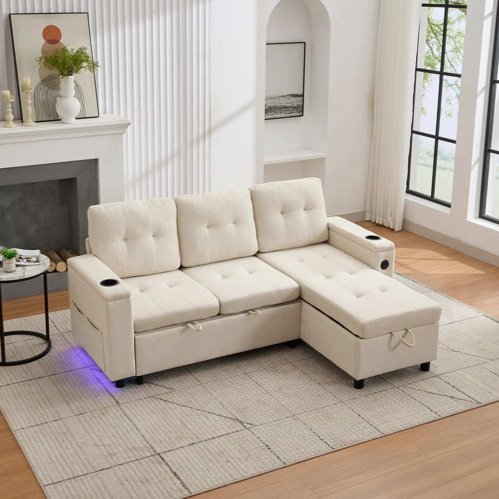 Divano Letto con Contenitore, LED, USB-C, Portabicchieri e Tasche, in Tessuto, Beige