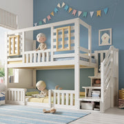Letto a castello per bambini 90 × 200 cm con scala contenitore e finestre, senza materasso, in legno, bianco