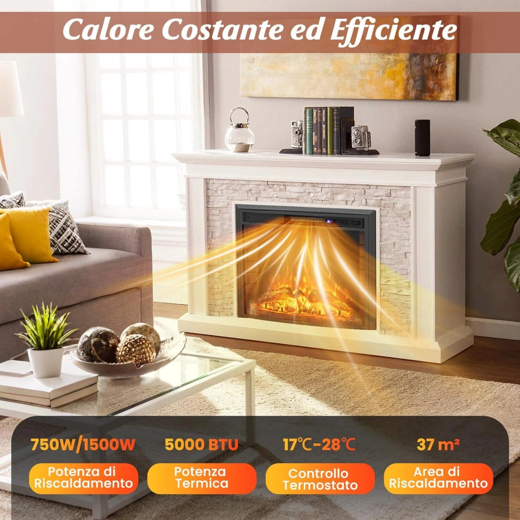 Camino Elettrico, 750W/1500W Caminetto Elettrico Curvo con Telecomando, Effetto Fiamma Realistico e Regolabile, Timer e Protezione da Surriscaldamento