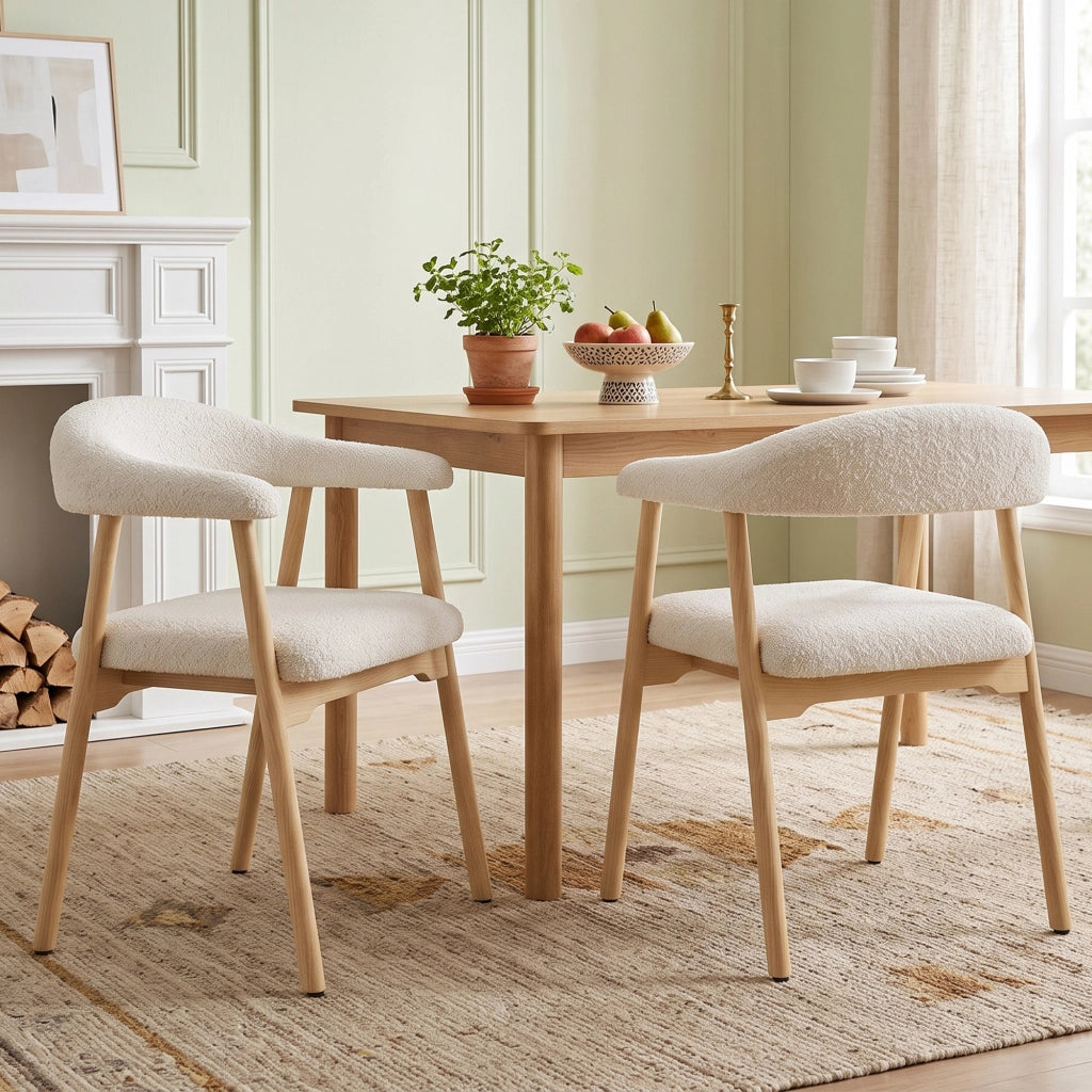 Set di 2 sedie da pranzo in legno massello con rivestimento bouclé, colore naturale