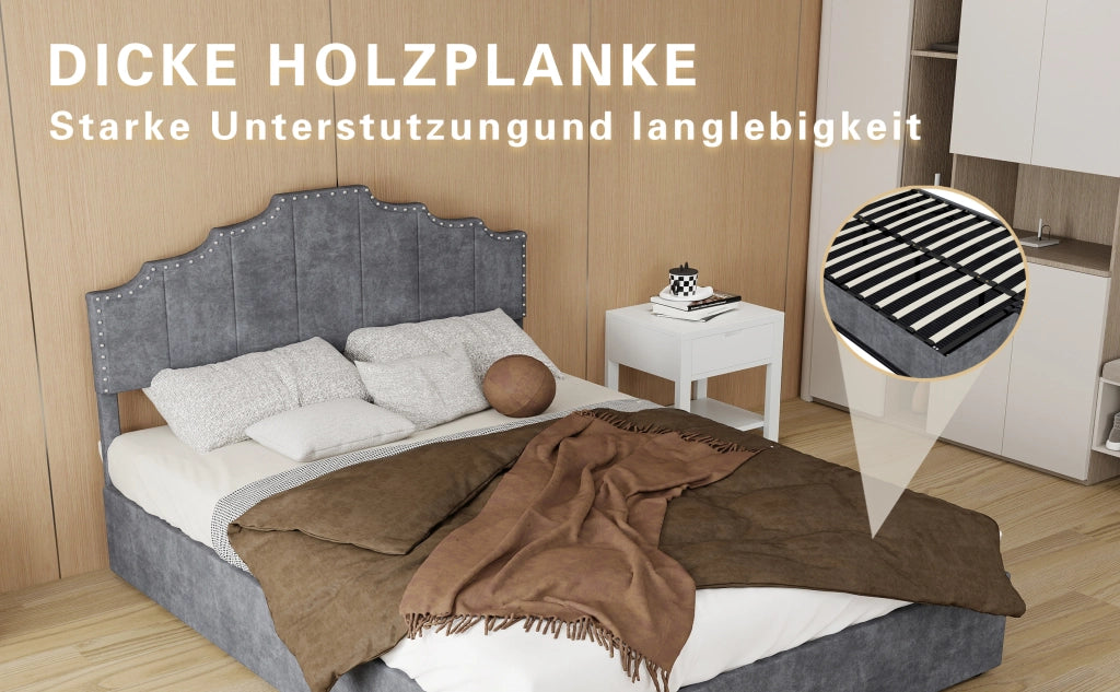 DESMIU Letto 140 × 200 cm 2 posti con testiera geometrica e materasso incluso, in velluto grigio