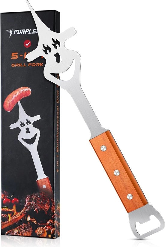 Vorpal multiuso per barbecue, forchetta in legno, accessori multifunzione per griglia, 33 cm, acciaio inossidabile, con set di posate per barbecue