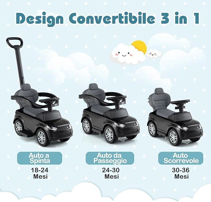 3 in 1 Auto a Spinta, Macchinina a Pedale con Manico Removibile e Paracolpi, Clacson e Suodo di Avvio, Macchina Cavalcabile per Bambini 18-36 Mesi (Nero)