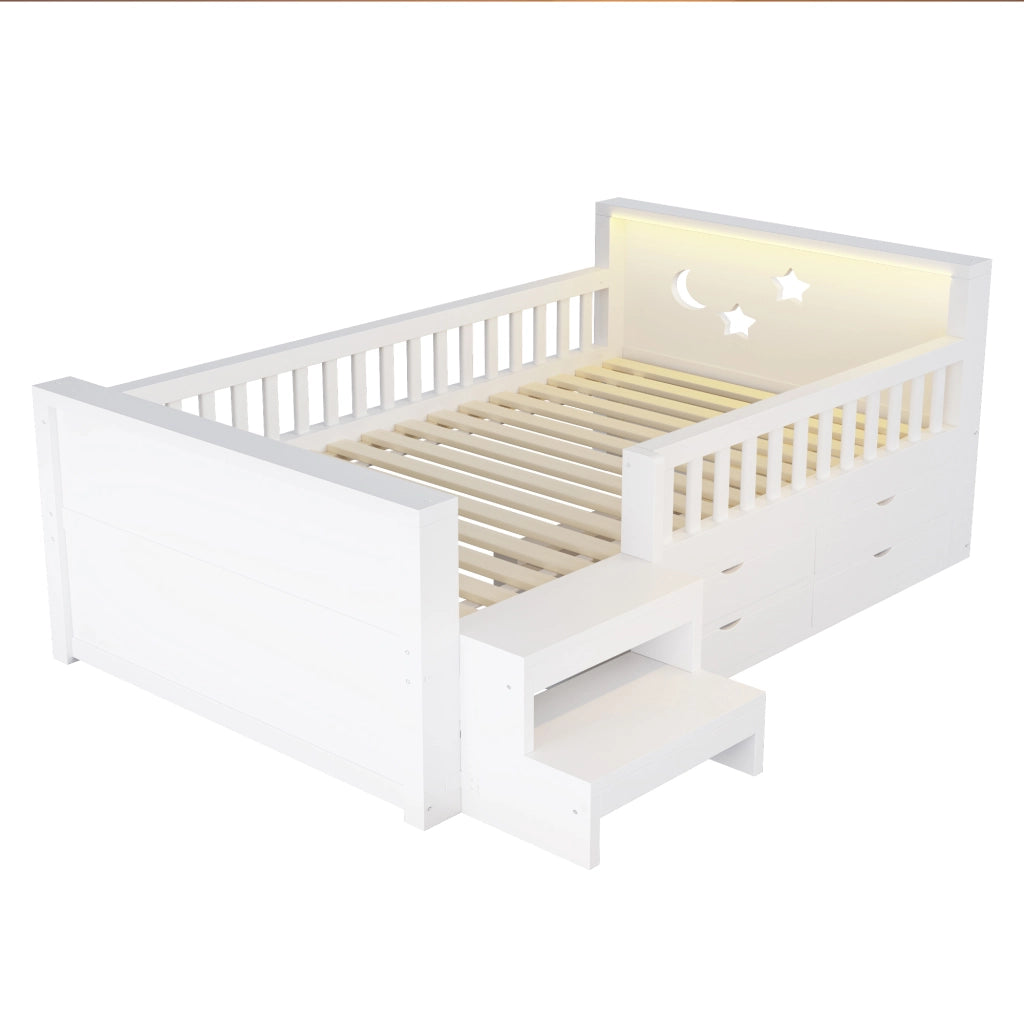 Letto singolo bambino 90×200 cm con 4 cassetti; LED; sponde e scala; senza materasso; legno; bianco